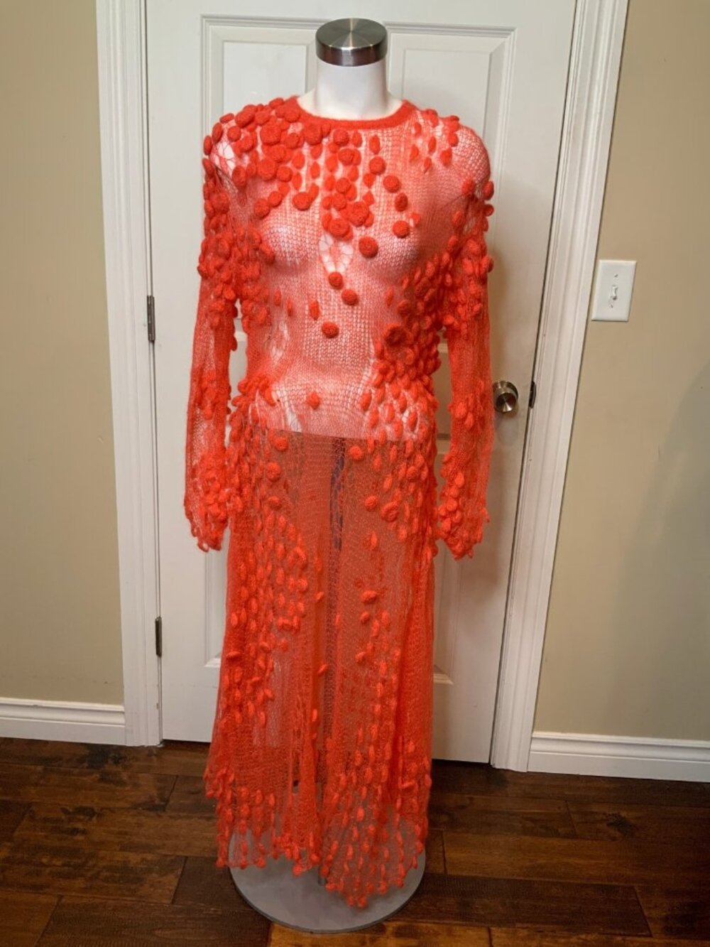Delpozo Coral Fuzzy Knit Pom-Pom Sheer Maxi Sweater Dress, Size S
